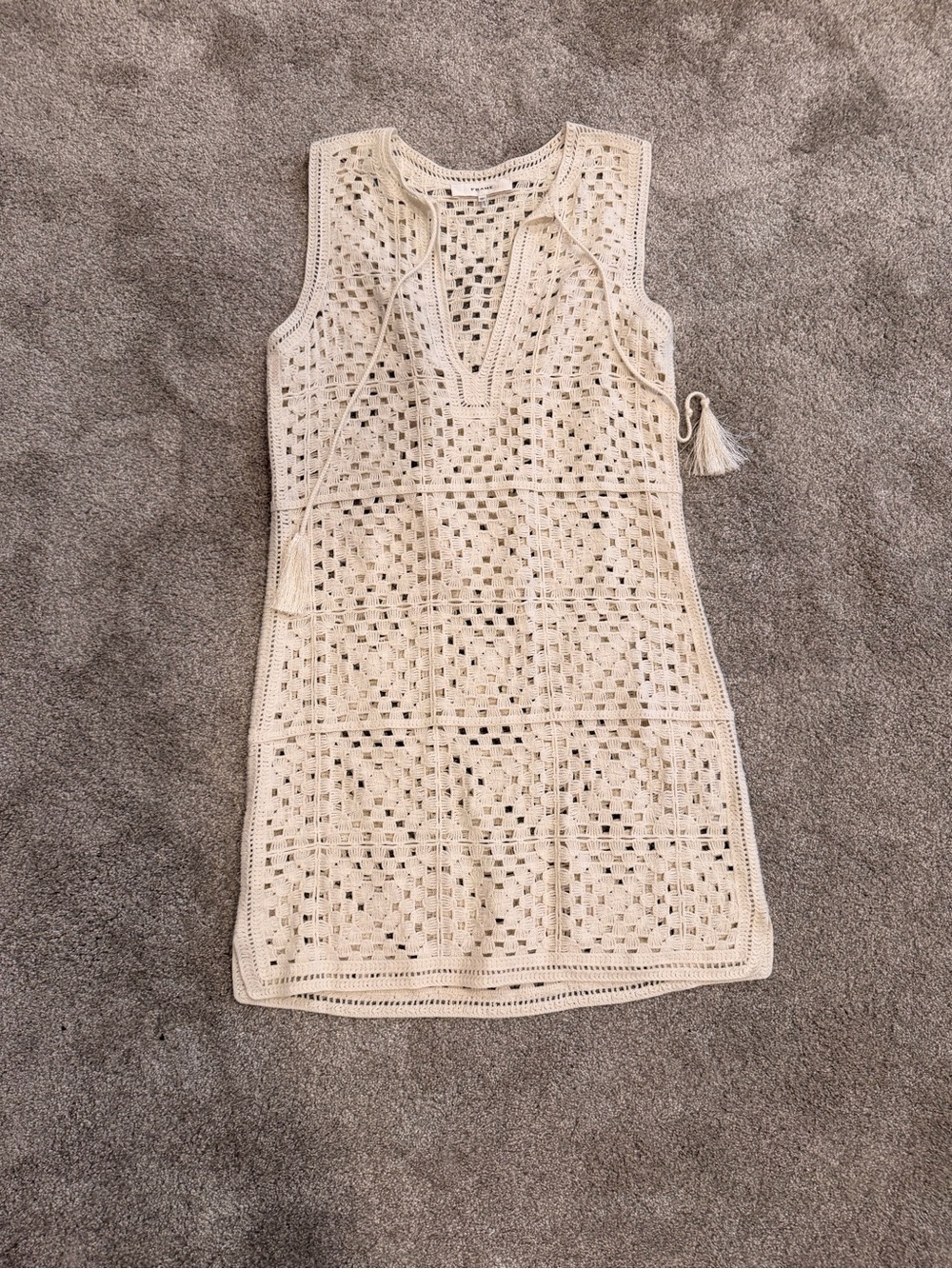 FRAME Ivory Crochet Open Knit Mini Dress XS Tassel Tie Boho Beach Cover Up